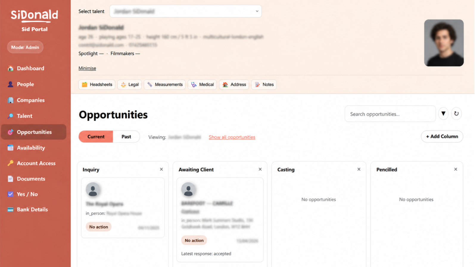 Sid platform interface for managing talent, opportunities and operations