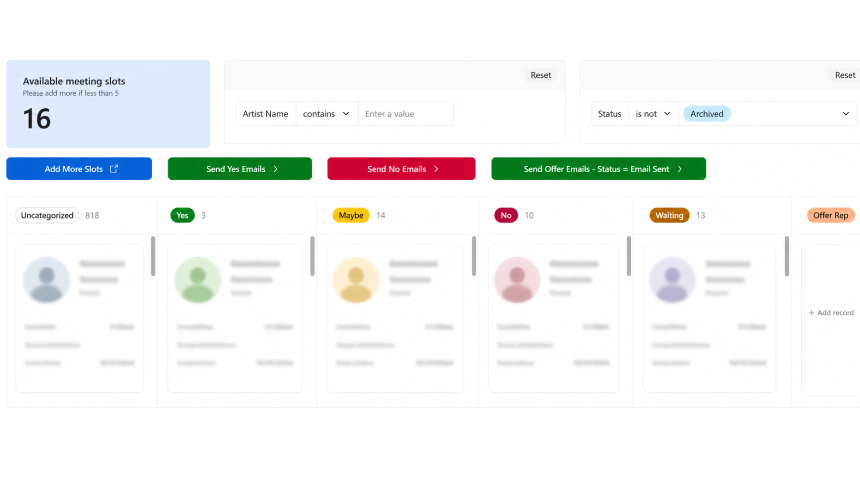 Kanban-style talent workflow showing review outcomes